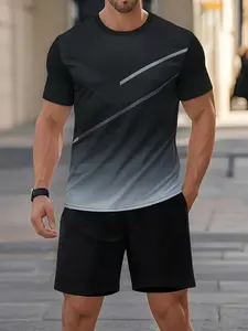 Men's Performance 2-Piece Tracksuit - Gradient Geometric Line Short Sleeve T-Shirt & Breathable Quick-Dry Shorts Gym Running Set