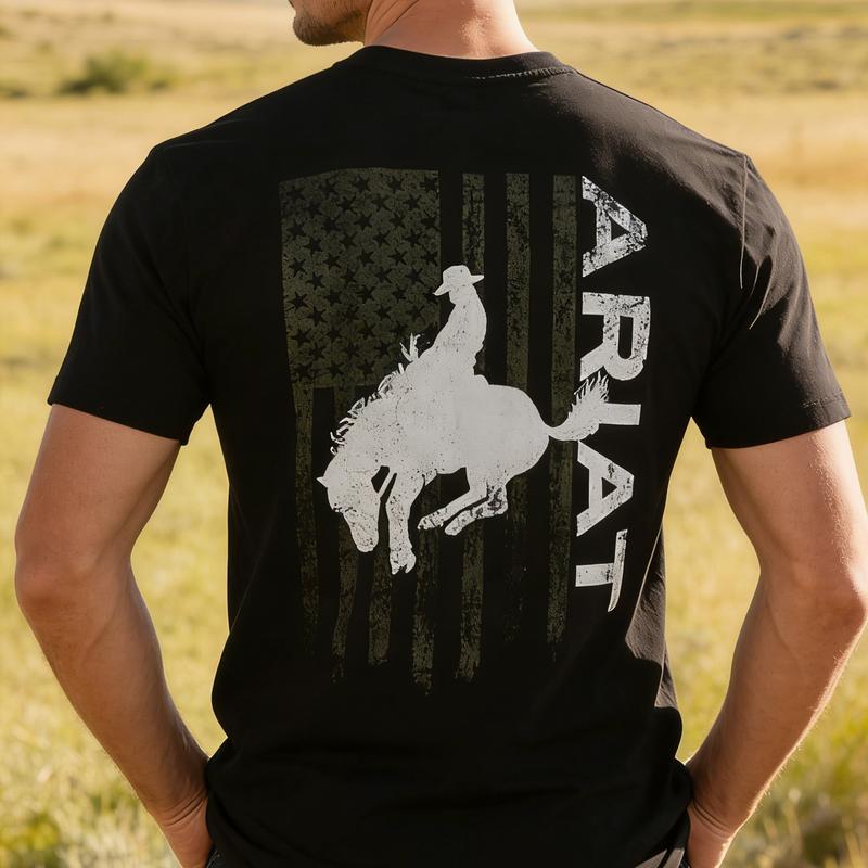 AR Rodeo Rider On Horseback With American Flag Design Casual Graphic Print Short Sleeve Crew Neck T-Shirt Vintage God's Plan Cool Grandpa Grandma Nickname Anime Acid Washed Retro Heart Hands USA Mexico Unisex boxy fit shirt gorlock destroyer