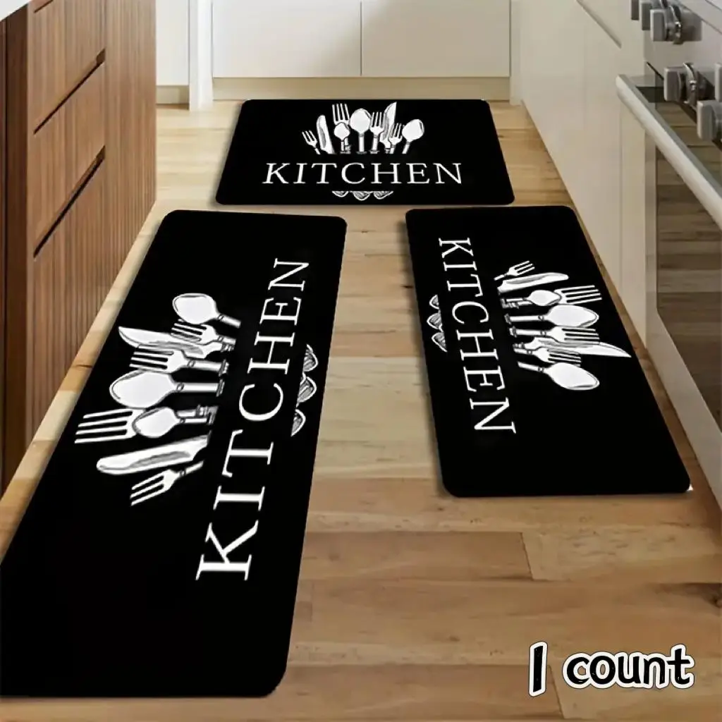 Fork & Letter Pattern Decorative Carpet, 1 Count Water Absorbent Soft Floor Rug, Anti-slip Indoor Mat for Living Room Bedroom Washroom Kitchen Bathroo