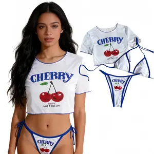 Women's Bikini Set Swimsuit Three-Piece Cherry Letter Print Mesh Chiffon Cover-Up, Perfect Summer Beachwear, Casual Fitted Style, All Seasons