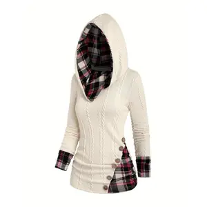Women's Plaid Print 2 in 1 Ruched Fake Buttons Hoodie, Casual Textured Long Sleeve Hooded Sweatshirt for Fall & Winter, Women's Fall Clothes  for Daily Wear（gift）