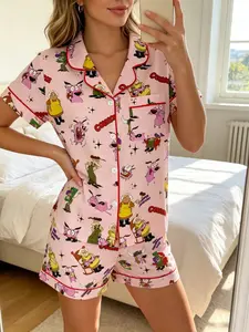 Adorable Cartoon Character Print Women's Pajama Set, Comfortable Two-Piece Sleepwear, Short Sleeve Button-Up Top and Elastic Shorts, Perfect for Home Relaxation
