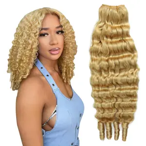 613 Blonde Burmese Curly Bundles 20 inch 3C4A Deep Wave Human Hair Extensions 100% Unprocessed Virgin Double Weft Quick Weave Can Be Dyed for Voluminous Look