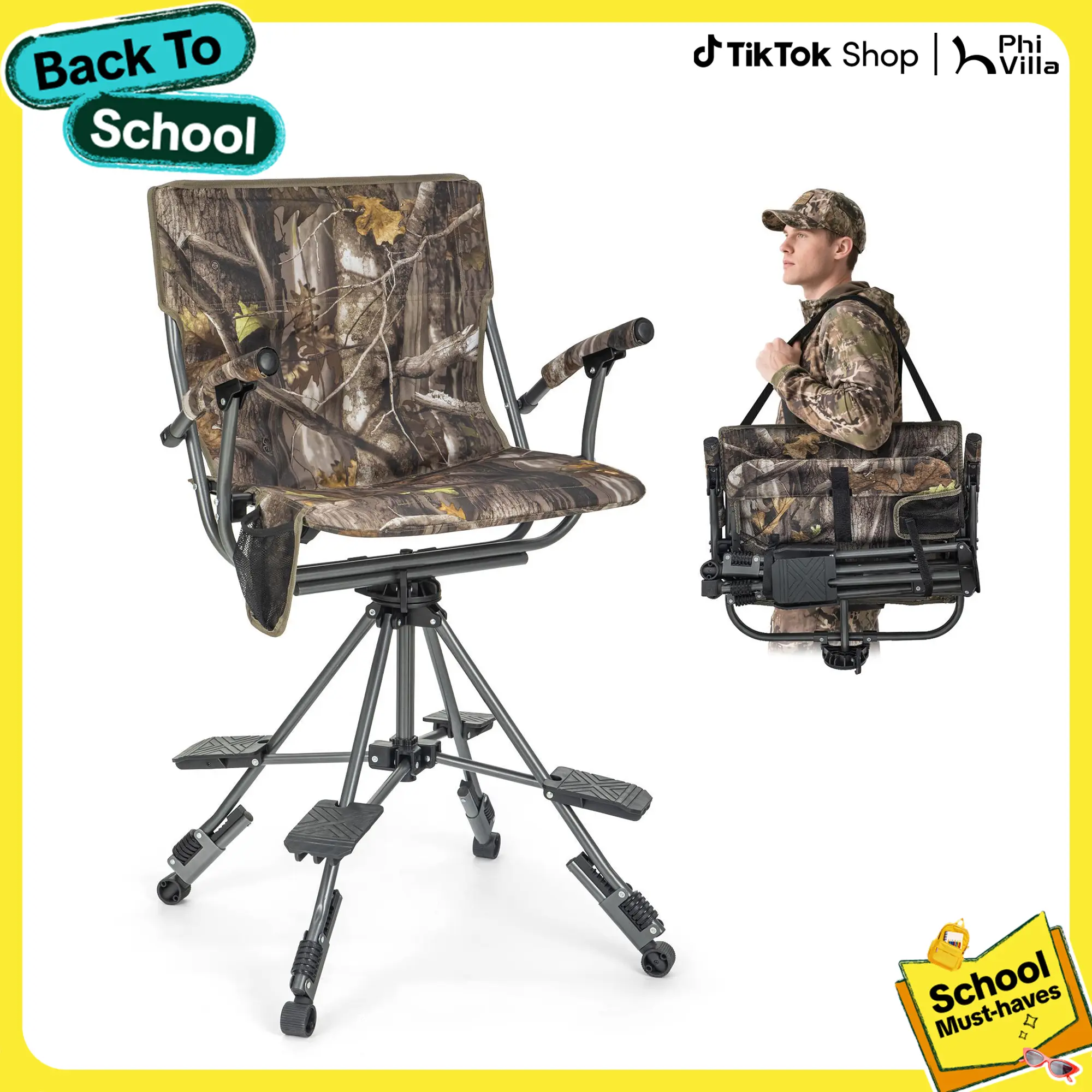 PHIVILLA Heavy Duty 360° Swivel Hunting Chair, Portable Folding Hunting Seat Supports 330 LBS, Adjustable Height with Padded Backrest & Armrests, Cup Holder & Shoulder Strap for Ground Blinds, Hunting, Fishing, Camping & Tailgating