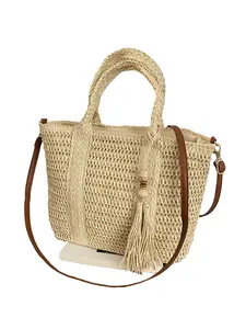 Summer Beach Woven Tote Bag, Bohemian Style Handbag with Leather Strap & Fringe Decor, Single Shoulder Vacation Bag