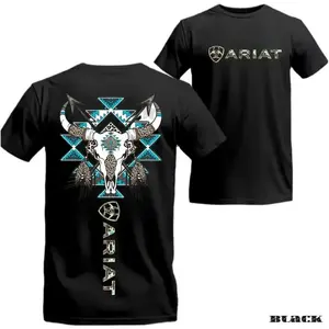 Western Bull Skull & Feathers Graphic with Blue Aztec Patterns – Unisex Tee for Country Style