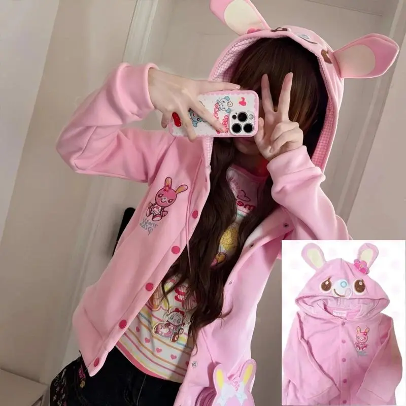 Japanese Cute Coat Embroidery Rabbit Ear Hooded Subculture Kawaii Y2k Tops Casual Fashion Sweet Coats Ropa Mujer Women Clothing