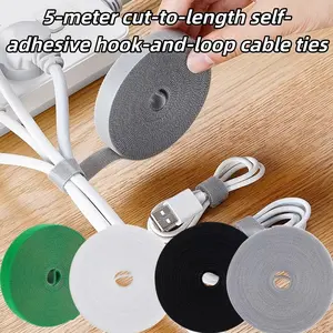 5M Cuttable Self-Adhesive Hook and Loop Cable Ties, Strong Adhesive Reusable Cable Organizer, Cord Management Solution for Wires & Charging Cables, Ideal for USB/Computer/Headphone Cords, Must-Have for Home & Office