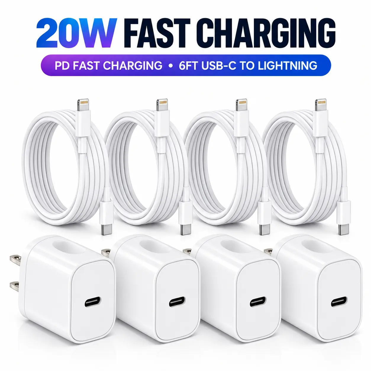 4-Pack Fast Charger 20W PD, USB C Charger Block with 4-Pack 6FT USB C to Lightning Cable, Fast Charging Wall Adapter for iPhone 14 13 12 11 Pro Max Plus Mini XS XR X SE, iPad AirPods, Phone Charger Set