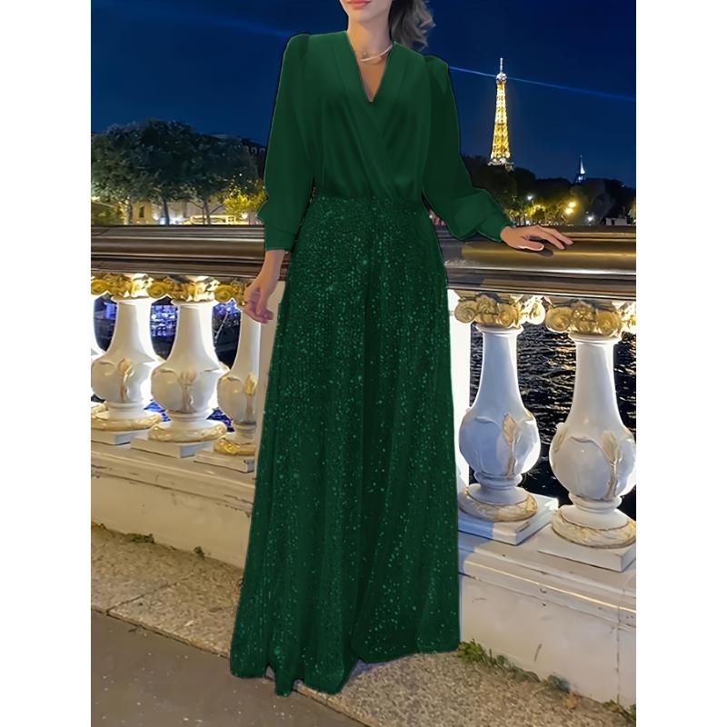 [Glamorous Emerald Dress] Elegant Emerald Green Sequined V-Neck Maxi Dress - A-Line Evening Gown for Women, Polyester Spandex Blend, Long Sleeve, Perfect for Spring & Fall, Glamorous Parisian Style, Fall Clothing | Aline Silhouette