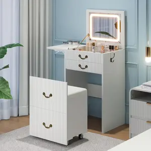 3-in-1 Vanity with Flip Mirror & Lights Fluted Compact Vanity Table 3 Drawers Storage Compartment Rolling Stool Modern Small Makeup Vanity for Bedroom Powder Room Solid White