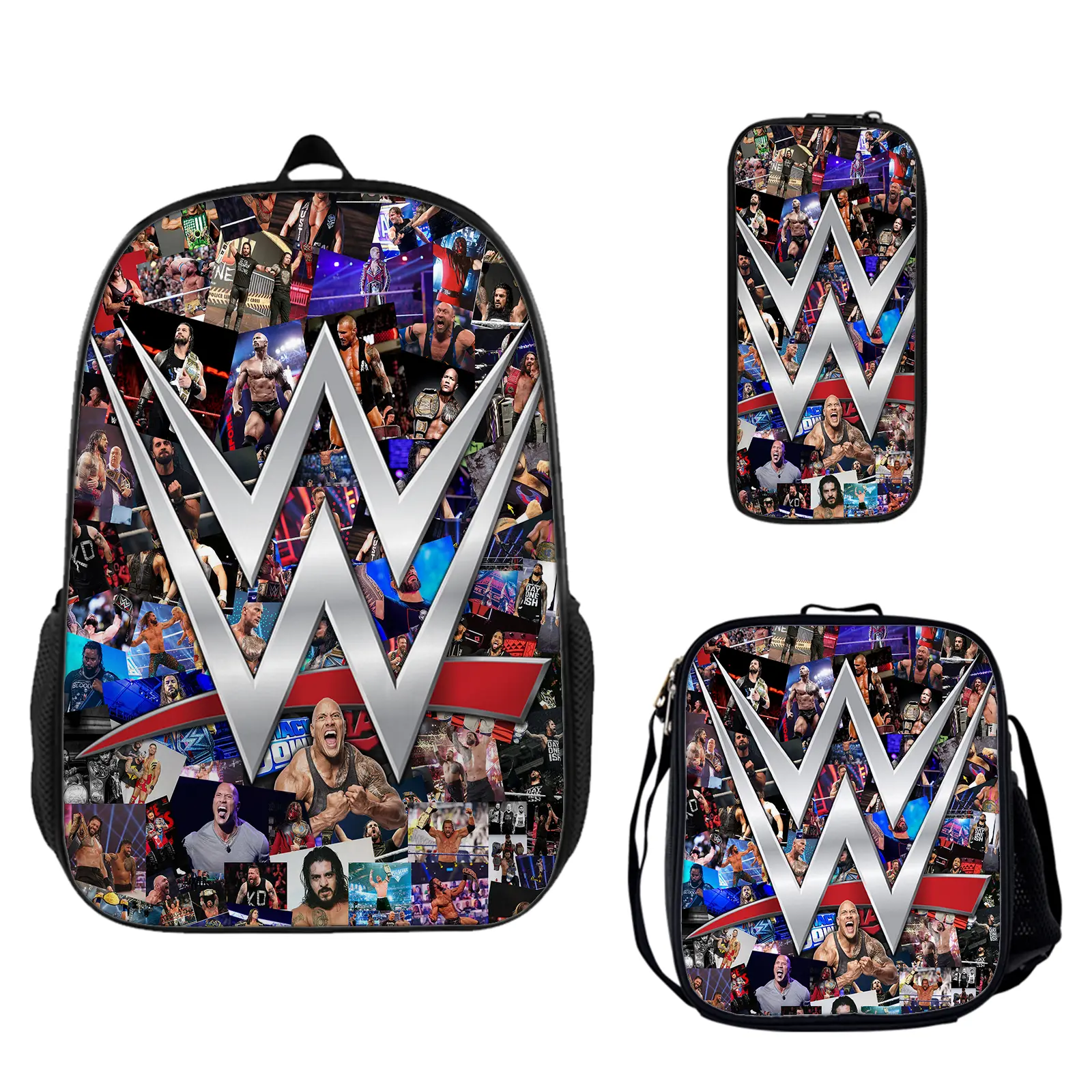 WWE 3-Piece Large Capacity Backpack Set - Water Resistant, Vibrant Back to School Haul with Insulated Lunch Box, Pencil Pouch, 1-Size Lightweight Travel Daypack Holiday Gift for Teen Fans c-285, Cartoon, Boy, One Size