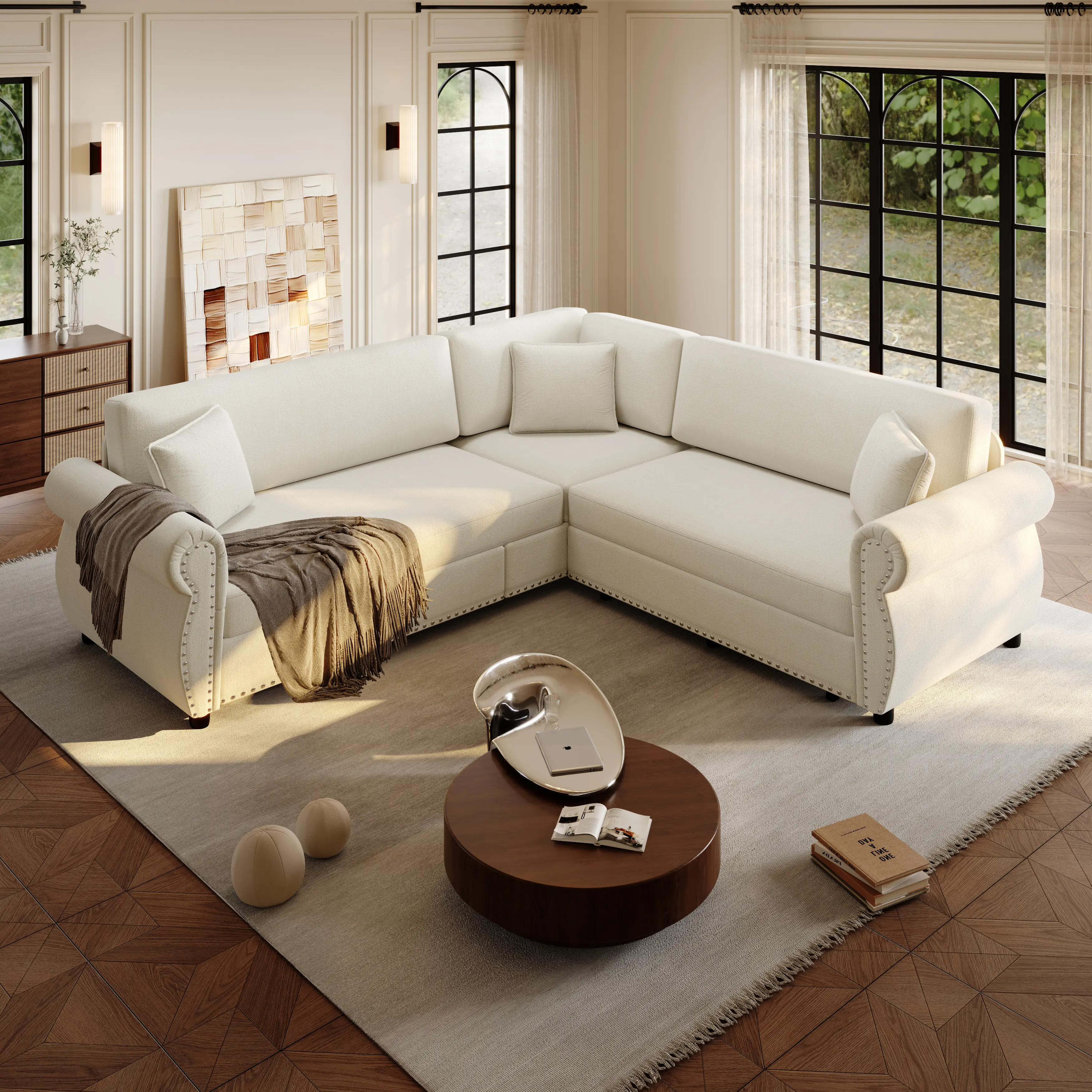 5-Seat L-Shaped Chenille Upholstered Extendable Convertible Sleeper Sectional Couch - 88.2in, Pull-Out Bed, Nailhead Trim, Rolled Arm for Living Room, Apartment, Five Seats