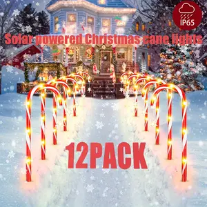 Solar Powered Christmas Candy Cane Street Lights with Stars, 12pcs Outdoor Lighting Decoration, Party Lighting Decoration, Warm White LED Lights, Waterproof Plastic Yard Garden Path Holiday Decorative Lights, Suitable for Christmas, New Year