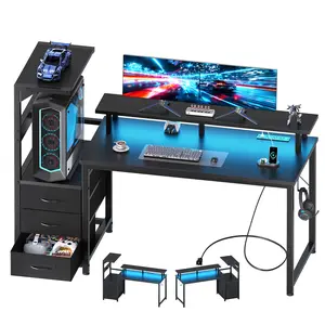 L Shaped Gaming Desk with Shelves Storage Drawers 52'', Black Computer Desks with LED Lights Power Outlets, Office Wood Table with PC Stand Cable Management for Bedroom Dual Monitor Streaming