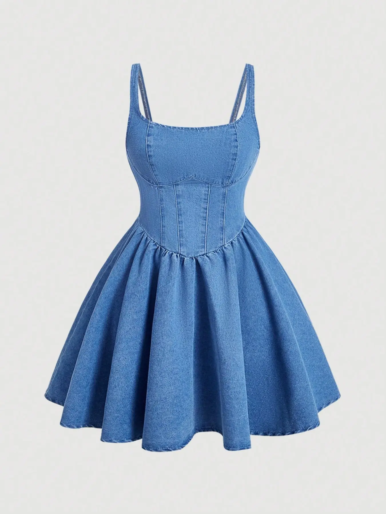 Vintage Corset Denim Dress, Sleeveless Straps High-Waist A-Line Flared Mini Dress, Retro Style Casual Wear, Womenswear