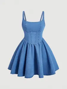 Vintage Fishbone Waist Jeans Dress, Thin Straps High Waist A-Line Skirt, Fluffy Umbrella Short Dress, Retro Style Fashion Fit, Casual Wear, Womenswear