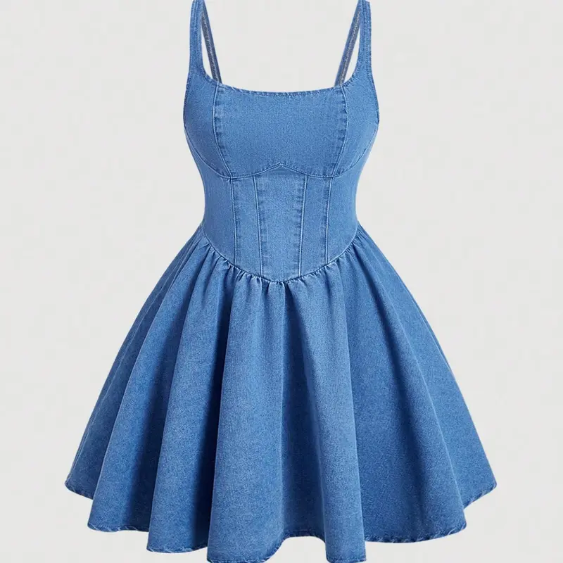Vintage Corset Denim Dress, Sleeveless Straps Spaghetti Strap High-Waist A-Line Flared Mini Dress, Retro Style Casual Wear, Womenswear