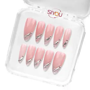 Siyou Luxy Peach Bloom Press On Nails Long Almond Pink Glossy Finish Reusable