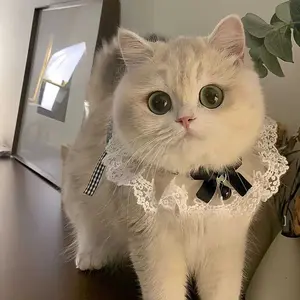 Elegant Lace Ruffle Pet Collar With Gingham Bow, Adjustable Neck Accessory For Cats And Small Dogs, Vintage Lolita Style Petwear