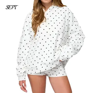 Women Fall Polka Dot Hoodie Oversized Hooded Sweatshirt Long Sleeve Drop Shoulder Graphic Print Hoodies with Pocket