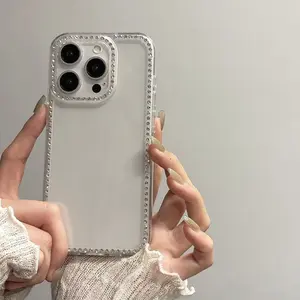 Phone case: Girl's Simple Silvery Glitter Rhinestone Transparent Phone Case Compatible For iPhone 17 16 15 14 13 12  Pro Max 17Air 16E 16Plus Cover