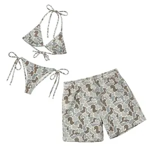 Camo Matching Couple Swimwear Set, Neutral Camouflage String Bikini & Mesh Shorts Beach Outfit, Perfect Gift for Boyfriend and Girlfriend, Summer Vacation, Couples Swimwear