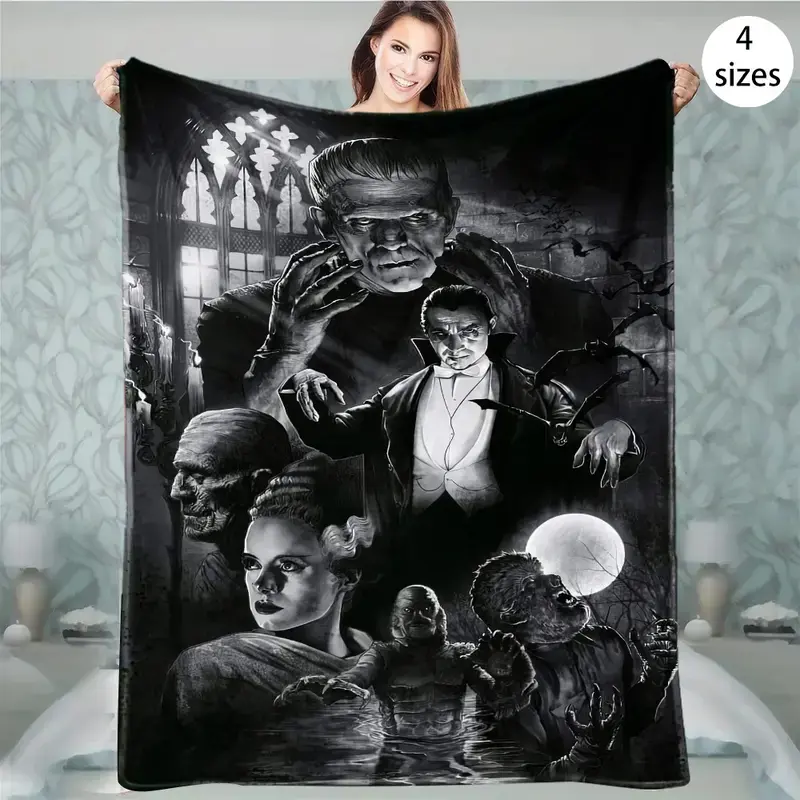 Classic Horror Movie Monsters Printed Flannel Throw Blanket, Super Soft & Cozy Fleece Gothic Blanket for Sofa, Bed & Couch, Great Gift for Horror Fans