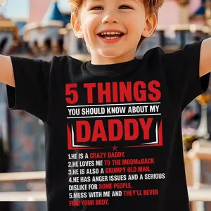 Boys' Cotton Funny Graphic Youth Tee Shirt - 5 Things About My Daddy Alphabet Print, Regular Fit, Medium Stretch, Casual Round Neck Short Sleeves