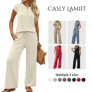 Women's 2-Piece Minimalist Basic Loungewear Set - Lightweight, Soft, Breathable Summer Cap-Sleeve Button Top, Drawstring Wide-Leg Cropped Pants with Quality Fabric, Matching Outfits for Casual Travel Style