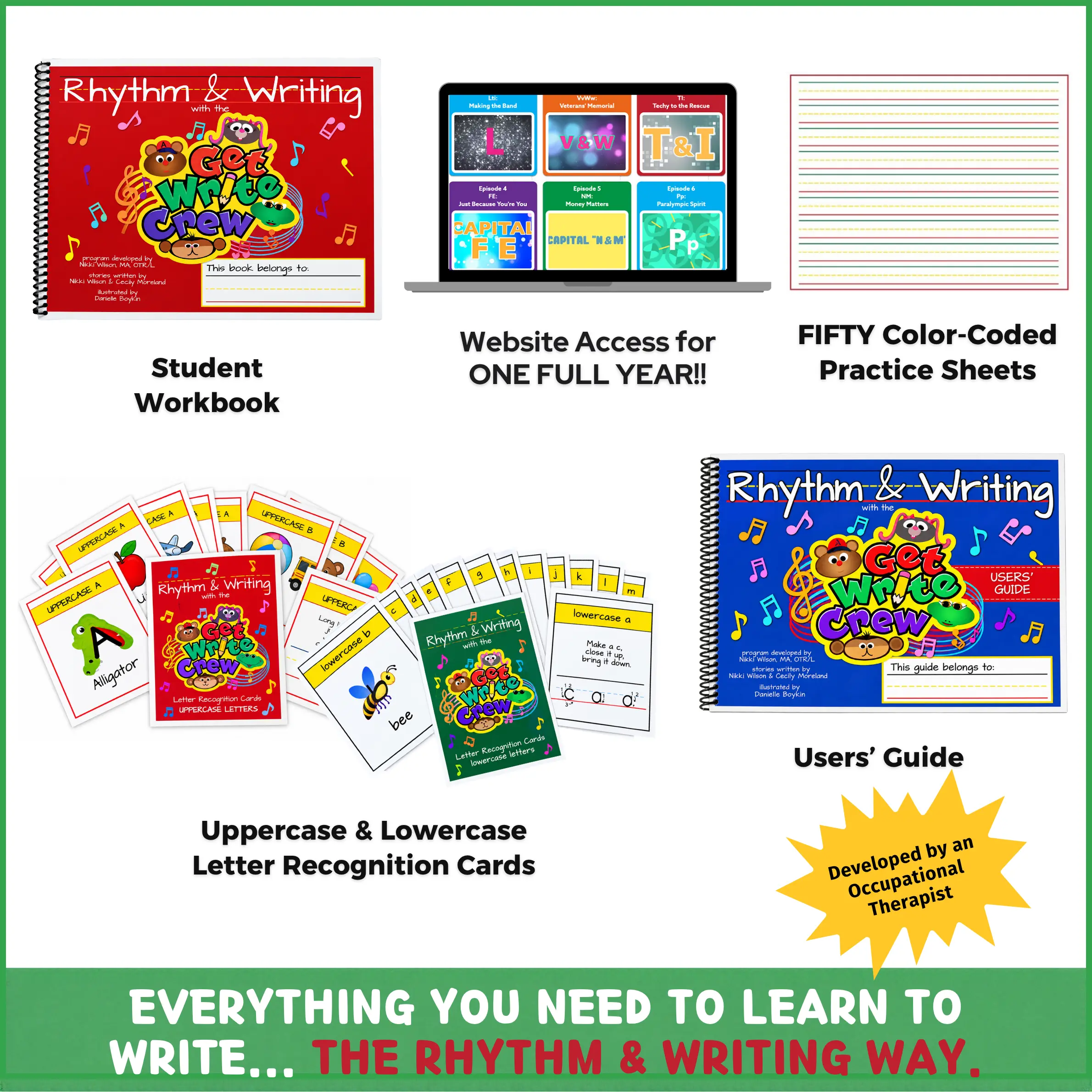 Rhythm & Writing Get Write Crew Complete Bundle Student Workbook Letter Recognition Cards 50 Practice Sheets 1-Year Website Access