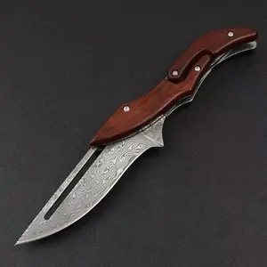 Damascus Steel Folding Utility Knife with Wood Handle, Sharp Kitchen Peeling Tool & Unique Gift with Mechanical Design