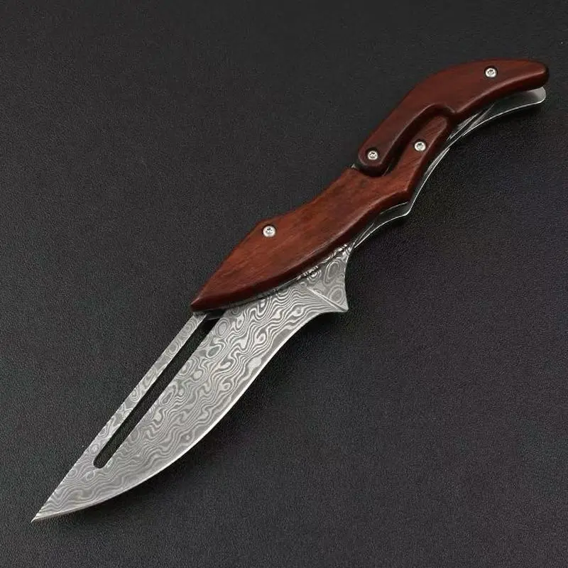 【DealsforYouDays】Damascus Steel Foldable Utility Knife with Wood Handle - Compact Fold, Durable Steel Tool, Mechanical Design, Multifunctional EDC, Portable, Camp Kitchen Peeling Tool, Unique Gift, Multi Functional Knives