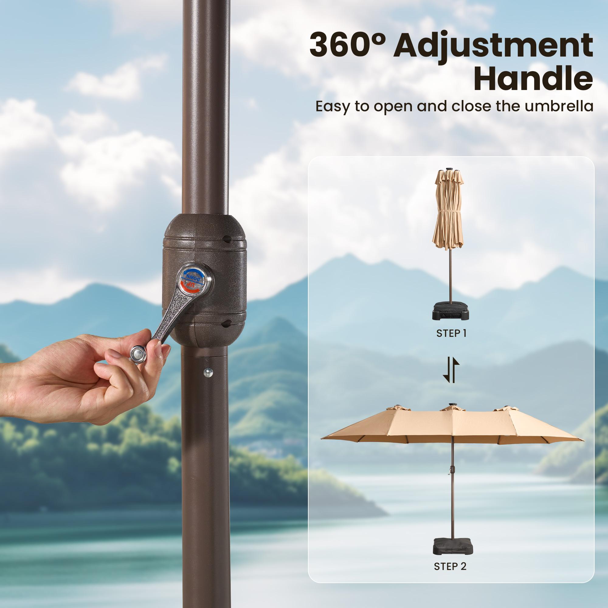 CAODOC 15ft Extra Large Double Sided Rectangular Patio Umbrella with Base Included, Solar Powered 36 LED Lighted Shade Canopy, Outdoor Market Parasol for Backyard Deck Garden Poolside