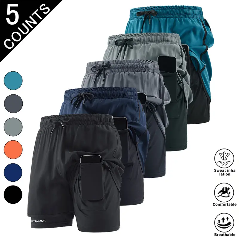 Men’s 5-pack 2-in-1 quick-dry running shorts (with phone pocket), lightweight breathable fitness training shorts (with lining), summer elastic waistband sports training shorts, suitable for gym and outdoor activities; Fitness Shorts TikTok Shop Spring Glo