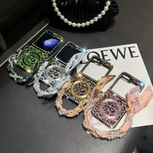 Full Diamond Leopard Print Magnetic Wireless Charging Scarf Bracelet Protective Phone Case, Fits Samsung Zflip3/4/5/6/7, Full Cover Protection