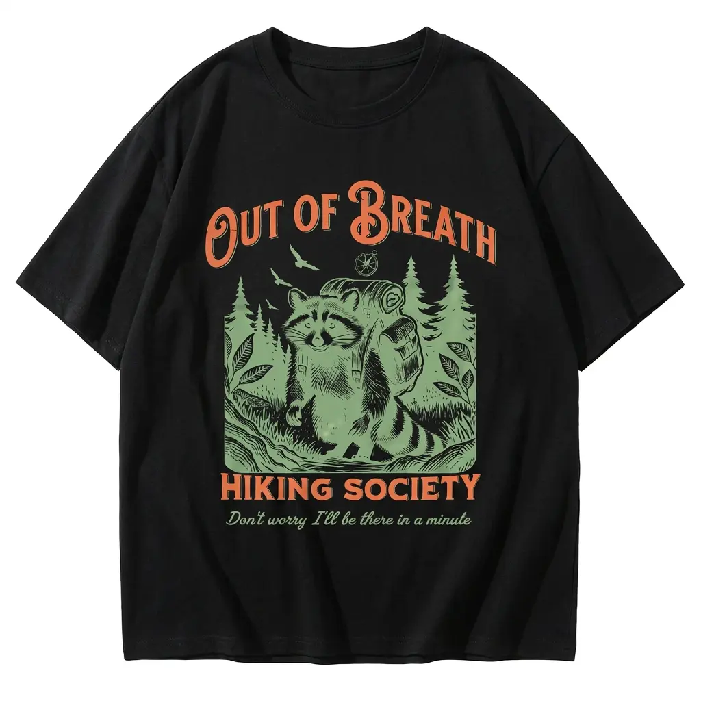 Out Of Breath Hiking Society Shirt Funny Hiker Gift Raccoon Outdoor Tee Vintage Adventure Womenswear