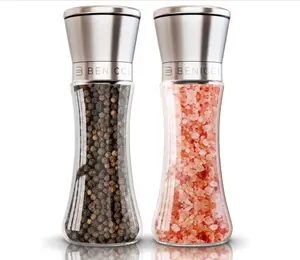 Premium Salt and Pepper Grinder Set of 2 - Two Refillable Stainless Steel Sea Salt & Spice Shakers with Adjustable Coarse Mills - Easy Clean Ceramic Grinders w/BONUS Silicone Funnel & Cleaning Brush