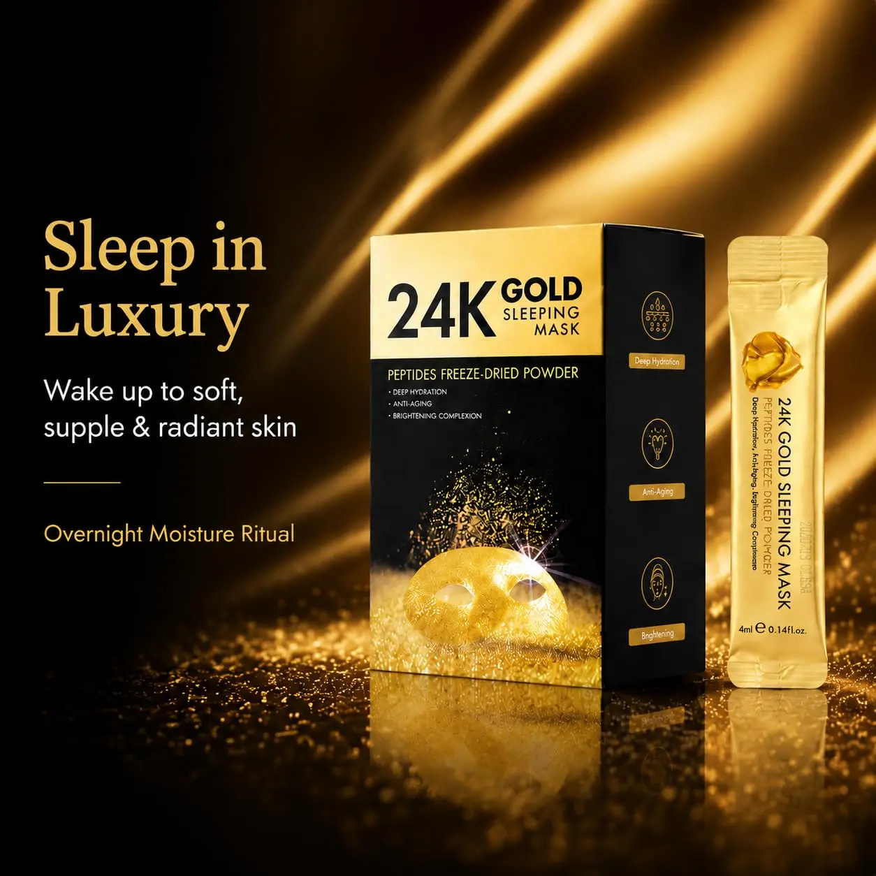 YLF 24K Gold Sleeping Mask with Peptides, 4ml x 20 Sachets | Freeze-Dried Powder, Overnight Hydrating Face Mask for Dry Skin, Nourishing Leave-On Facial Mask