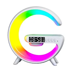 Smart G Lamp Night Light Bluetooth Speaker with 10 LED Modes & Wireless Charging ABS+PC Material White Digital Display Alarm Clock for Modern Home Decor Audio Cable