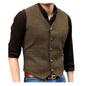 Mens Vintage Tweed Suit Vest V Neck Casual Wool Waistcoat for Wedding Groomsmen