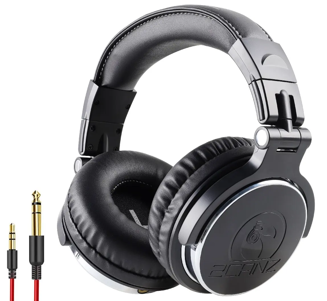 2CANZ Matte Black Wired Headphones - Closed Back, Plush Ear Cushions, 8-Way Adjustable Earpads, Audio, Foldable, Dual Jacks (3.5mm & 1/4") Folding Space