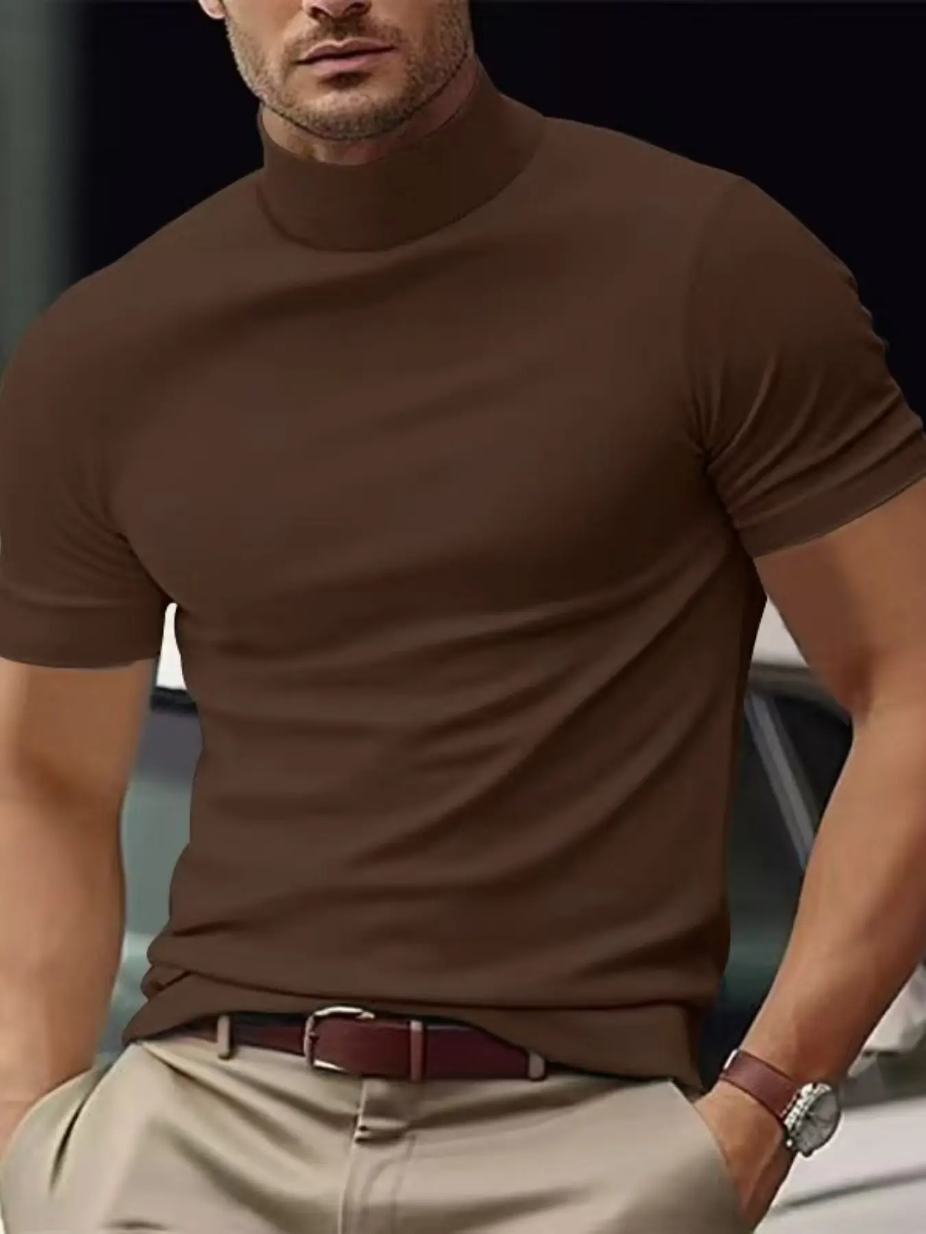Classic Turtleneck Short Sleeve Tee | Men's Muscle Fit Basic Top | Lightweight & Breathable | Ideal for Layering or Solo Wear | Timeless Fashion for Business & Leisure | Casual
