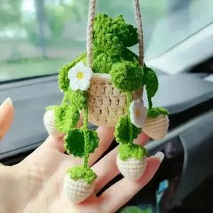 Handmade Crochet Strawberry Plant Rearview Mirror Hanger - Cottagecore Aesthetic Soft Yarn Ornament, Cute Car Decor, Accessories for Car, Versatile Indoor Home Accent, Car Accessories