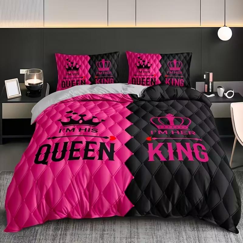 3-piece couple style king and queen printed duvet cover set, Bedroom Bedding Set, Valentine's Day elements, including 1 duvet cover and 2 pillowcases (excluding the core), suitable for all seasons, creating romantic bedroom couple bedding