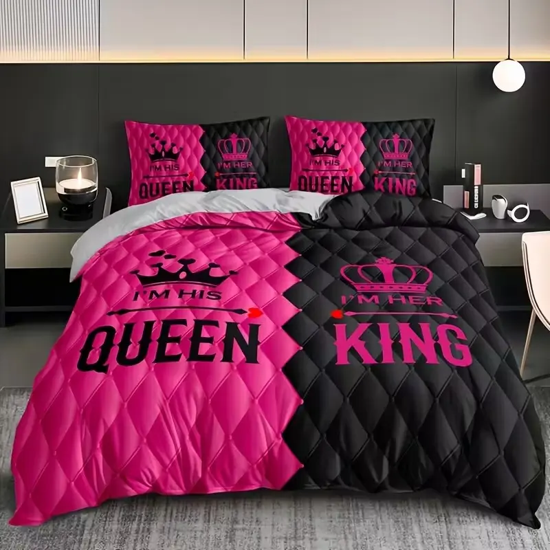 3-piece couple style king and queen printed duvet cover set, Bedroom Bedding Set, Valentine's Day elements, including 1 duvet cover and 2 pillowcases (excluding the core), suitable for all seasons, creating romantic bedroom couple bedding