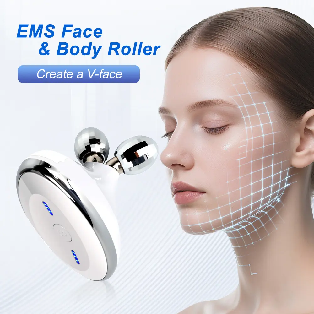 EMS Facial Roller & Body Massager - 360° Double Roller Microcurrent Face Lift Device for Skin Tightening & Toning - 5 Modes V-Face Contouring Tool for Fine Lines & Puffiness - Handheld Home Spa Beauty Roller with High-Frequency Vibration