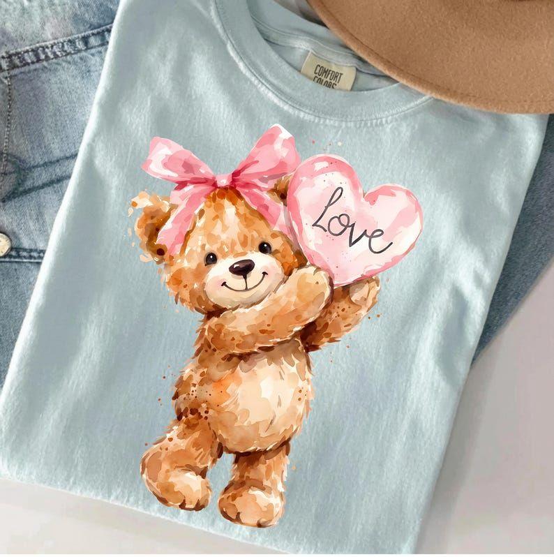 Valentine Bear Shirt, Coquette Teddy Heart Comfort Colors Tee, Pink Bow Cute Valentine Gift