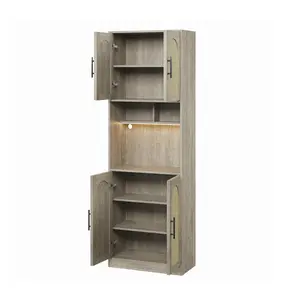 71" Tall Kitchen Pantry Cabinet, Farmhouse Hutch Storage with LED & RGB Light, Microwave Shelf, Adjustable Shelves, Barn Doors and Open Shelves, Versatile Storage for Dining Room