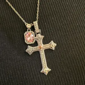 Pink cross rhinestone pendant necklace silver color